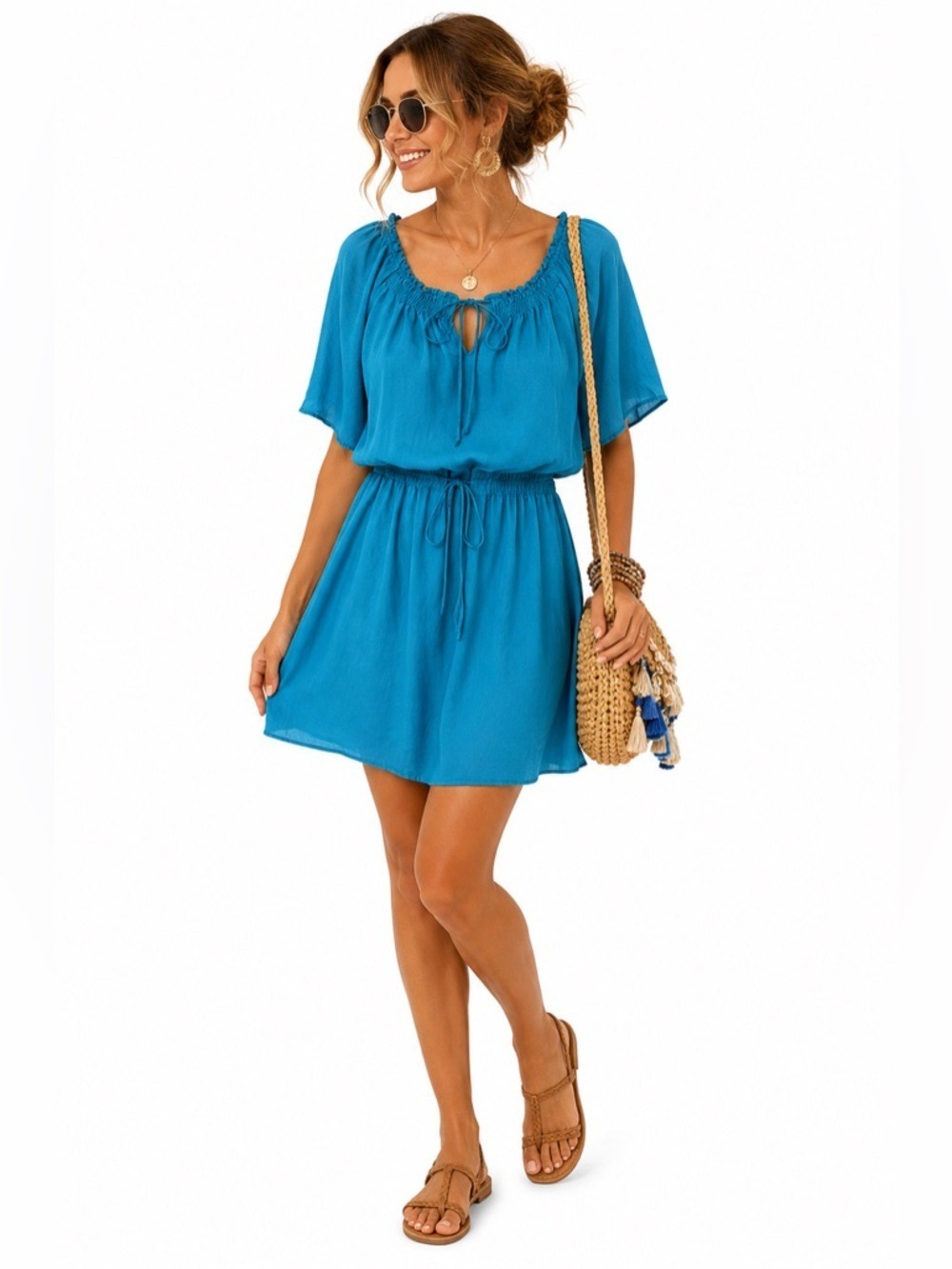 Ann Taylor Loft Turquoise Elastic Waist Tie Neck Shirt Sleeved MIDI Dres…